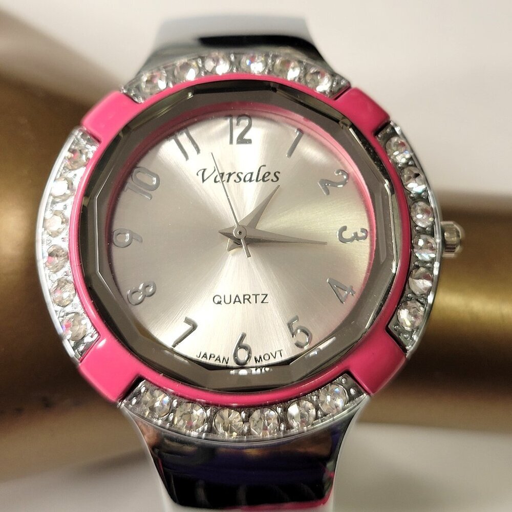 Womens Pink Watch Quartz Rhinestone Bangle Watch Elegant Cuff Formal Watch NEW
